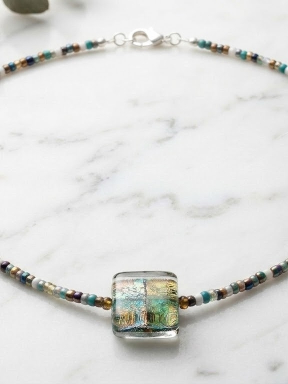 Handcrafted Dichroic Glass Pendant Beaded Choker Necklace